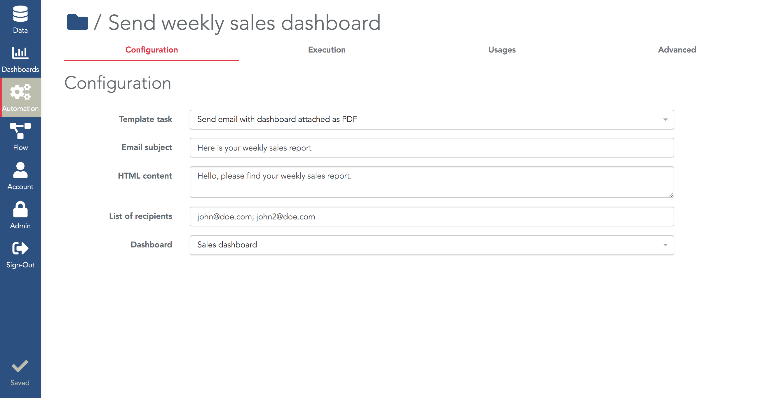 Configure a task to send PDF report by email